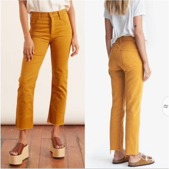 MOTHER The Tomcat Ankle Fray Play Date Mustard Yellow High Rise Straight Leg 25 - Picture 1 of 11